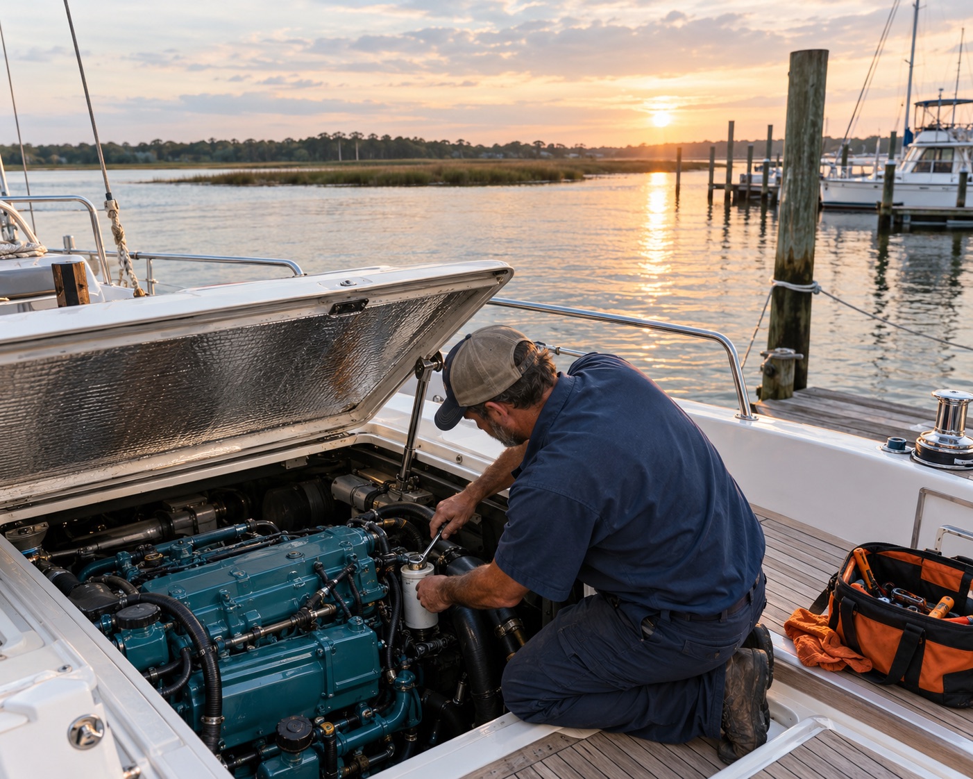Technician servicing a marine diesel engine aboard a boat at a marina dock at sunset